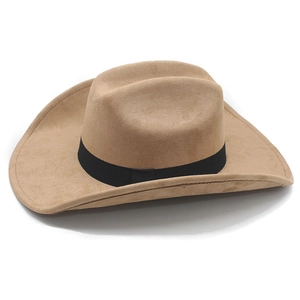 Detail view of the wide-brimmed camel suede cowboy hat with a stylish black decorative band