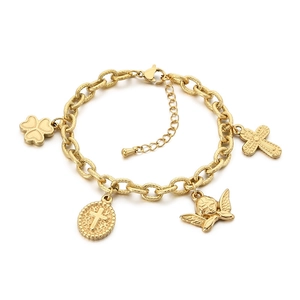 Gold plated stainless steel chain bracelet with vintage cross and angel charms on white background
