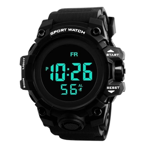 Detail of digital sport watch face with large display and textured silicone strap