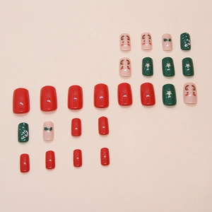 Christmas press-on nails with red green elk and snowflake designs 24pcs set