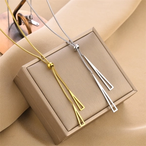 Minimalist Stainless Steel Necklace With Adjustable Sliding Bead Y Shaped Geometric Triangle Pendants Box Chain Jewelry