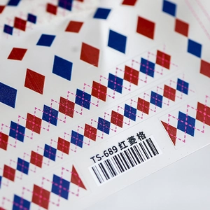 Pro thin adhesive nail stickers with red and blue argyle plaid pattern design TS-689