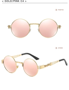 Retro round steampunk polarized sunglasses with gold metal frame and pink lenses model C4