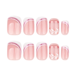 Short square press on nails with pink base, white French tips and leaf pattern