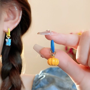 Elephant And Pumpkin Asymmetric Hoop Earrings Copper Enamel Jewelry With 925 Sterling Silver Earring Post For Women