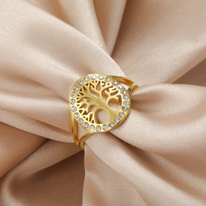 Gold 18K plated stainless steel tree of life open ring with sparkling crystal halo
