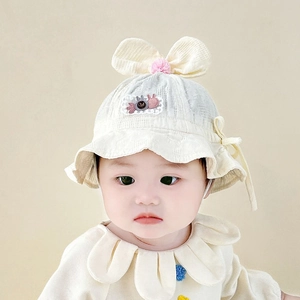 Baby girl rabbit ear sun hat with bow and chin strap for spring and summer