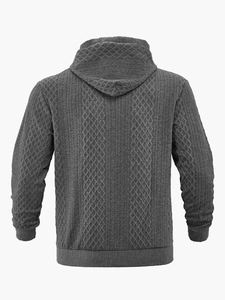 Detailansicht der Rückseite eines dunkelgrauen Herren-Hoodies mit Diamantstrickmuster