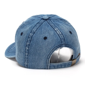 Washed blue denim baseball cap with embroidery and adjustable metal buckle