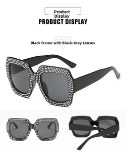 Detailed views of vintage oversized square sunglasses with black frame and silver rhinestones