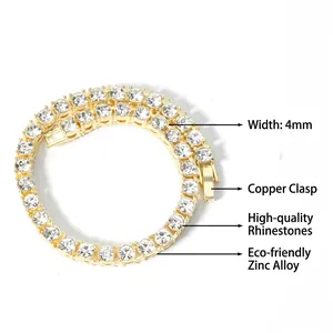 Single row 4mm tennis chain in gold finish featuring round cubic zirconia stones