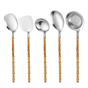 5-piece 304 stainless steel kitchen utensil set with natural bamboo handles on white background