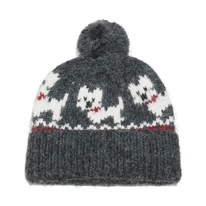 Berretto in maglia grigio scuro con motivo jacquard a cane bianco e pompon in cima