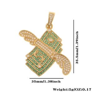 Macro view of gold flying money charm with dimensions 35.5mm x 35mm and 5g weight