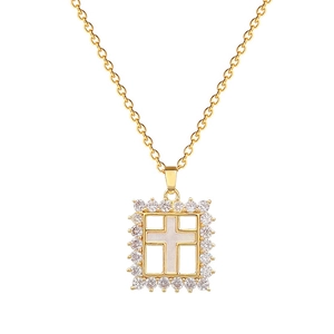 Luxurious gold necklace featuring a cross pendant with mother of pearl and zircon stones