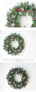 Detailed view of Christmas wreath featuring red berries, pine cones, and warm LED lights