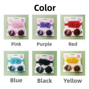 Detailed grid view of 6 color options for girls' flower headband and polka dot sunglasses set