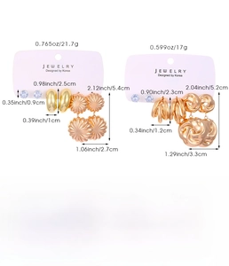 Detailed spec sheet of gold geometric earring set showing weight, iron material and sizes