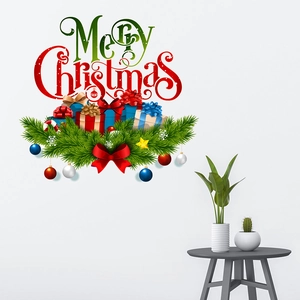 Merry Christmas wall stickers with red and green lettering, pine branches and ornaments