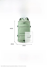Detailed size chart for mint green sports gym bag with wet and dry separation compartments