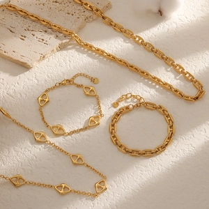 18k gold plated stainless steel jewelry set featuring geometric chain necklace and bracelets