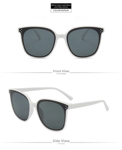 Front and side view of oversized white frame sunglasses with dark grey lenses