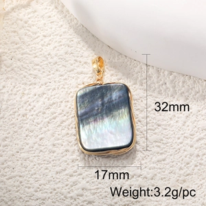 Detailed dimensions of rectangular abalone shell pendant with gold wire wrapping
