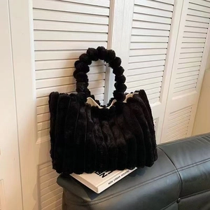 Women Plush Tote Bag Faux Fur Handbag Vertical Striped With Bobble Handle Fashion Large Capacity Winter