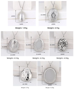 Detailed size and weight specifications for various vintage silver locket necklaces