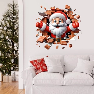 3D Santa Claus wall sticker showing realistic cracked brick effect for living room decor