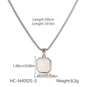 Detailed sizing chart showing the 50cm silver chain and mop square pendant dimensions