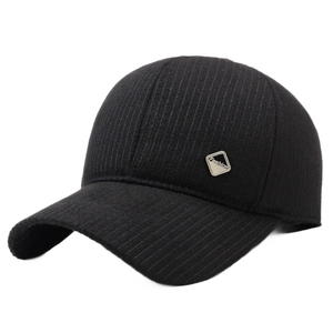 Black striped winter baseball cap for men with ear protection and silver metal logo