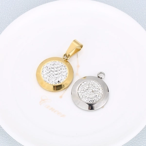 Polished stainless steel round geometric pendants with crystals in gold and silver