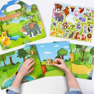 Detail of reusable animal scene sticker book showing children's hands applying stickers