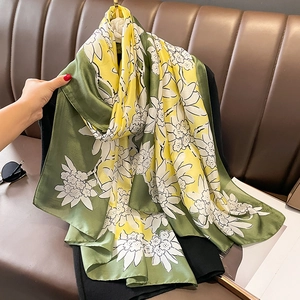 Green and yellow floral print silk scarf for women, lightweight summer beach shawl