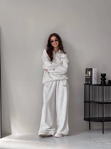 Felpa In Cotone Con Mezza Zip E Pantaloni A Gamba Larga Vita Alta Stampa Lettere Sportiva Casual Streetwear Grigio