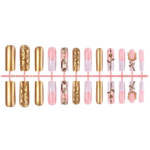 Extra-long French press-on nails set with gold 3D metal charms and vintage floral relief