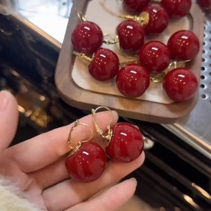 Retro Red Resin Sphere Leverback Earrings With Steel Earring Post Glossy Round Jewelry For Women Festive Office Accessory