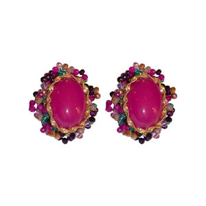 Vintage style oval earrings with magenta stones and multicolored beaded borders