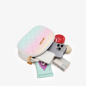 Rainbow gradient crossbody bag with quilted embroidery and multi-layer zipper compartments