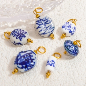 Blue And White Porcelain Pendants Vintage Chinese Style Ceramic Stainless Steel Charms For DIY Jewelry Making