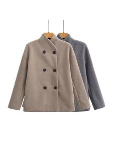Manteau court en laine pour femmes avec col en V à double boutonnage et coupe ample