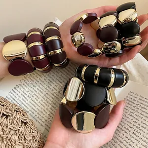 Chunky Acrylic Bracelet Elastic Wide Bangle Patchwork Geometric Alloy Blocks Retro Fashion Trendy Jewelry For Women