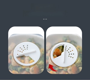 Detail view of adjustable air vent on microwave lid for heating and food preservation