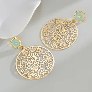Exaggerated Vintage Stainless Steel Hollow Out Round Hoop Earring For Women Geometric Floral Pattern Electroplated Gold Jewelry Accessory