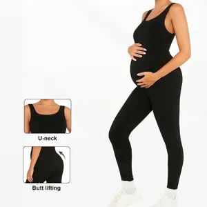 Maternity Jumpsuit Sleeveless U Neck Butt Lifting Slim Fit Belly Support Elastic Polyester Spandex Bodysuit Unitard