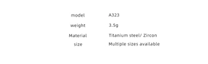 Specifications for titanium steel ring A323 with 3.5g weight and zircon material details