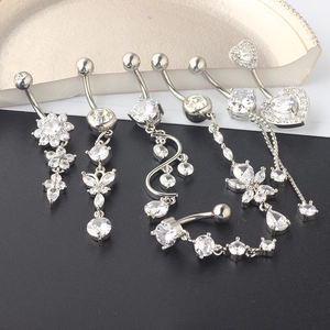 7-piece silver belly button ring set with zircon butterfly, heart, and flower pendants