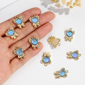 Golden alloy bear bow charms with blue rhinestones for DIY jewelry making
