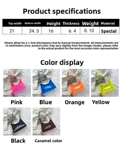 Detailed size chart and dimensions for the transparent PVC jelly underarm handbag